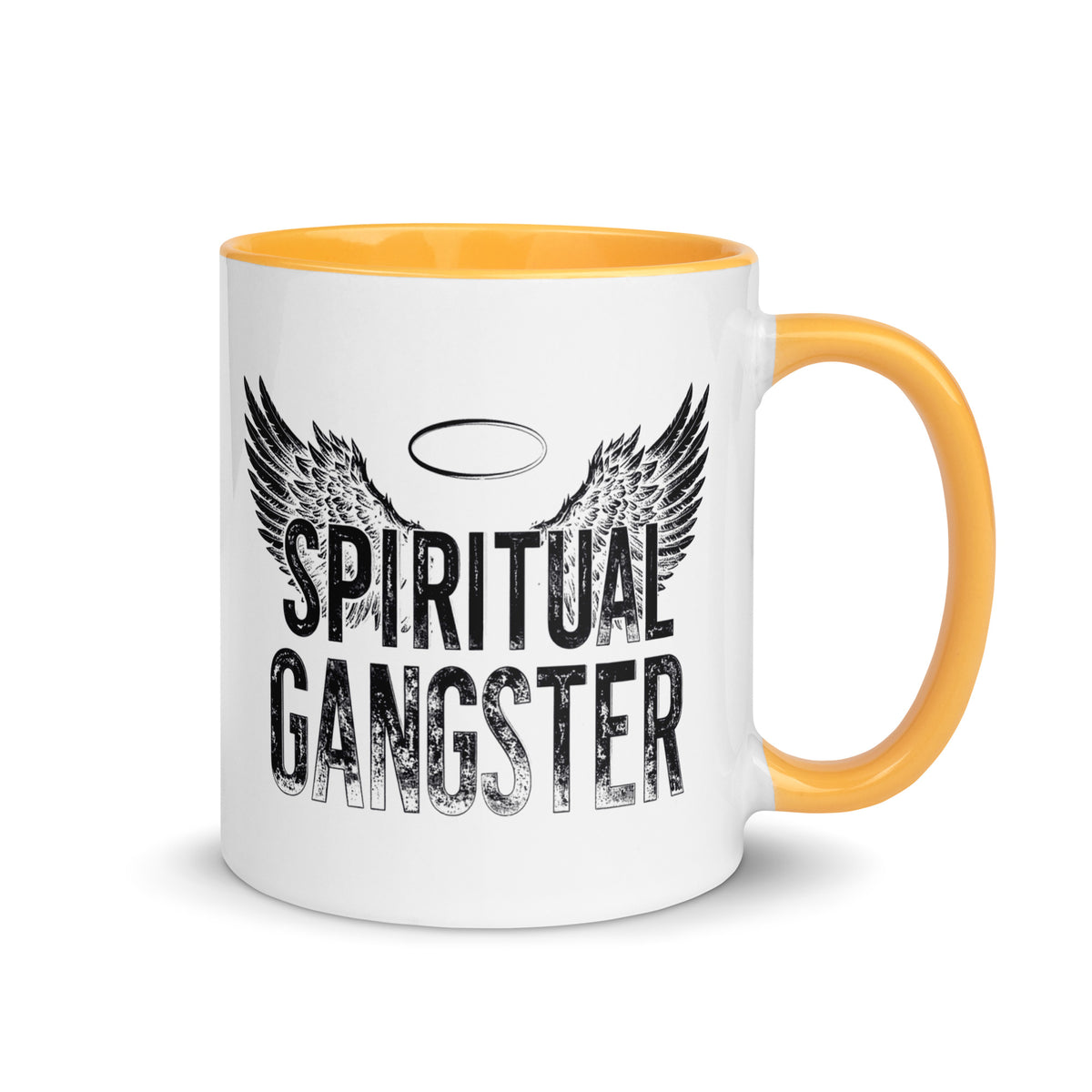 Spiritual Gangster design with angel wings and a halo, on a white ceramic mug with a golden yellow interior, 11 oz, right side view