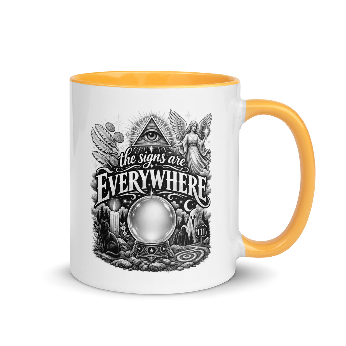 The Signs Are Everywhere design, an all-seeing eye, an angel, a crystal ball, a black cat and a 111 road sign, in black and white line art, on a golden yellow ceramic mug with color inside, 11 oz, right side view