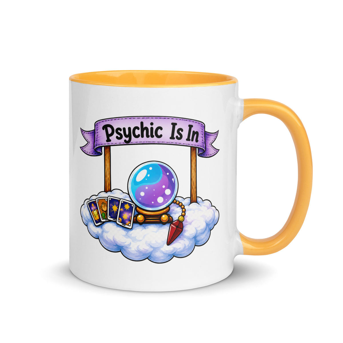 Psychic Is In design, playful floating clouds beneath a banner that reads Psychic Is Open for Business, on a white ceramic mug with a golden yellow interior, 11 oz, right side view