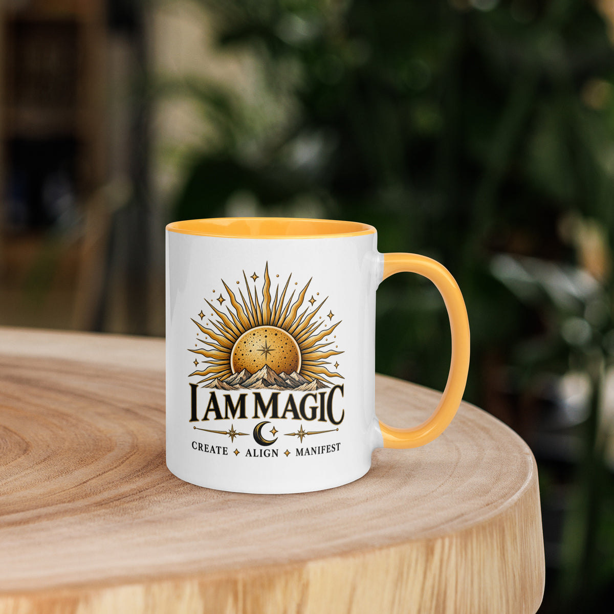 I Am Magic design with a gold sun face, Be Magical collection, on a white ceramic mug with a golden yellow interior, 11 oz, right side view
