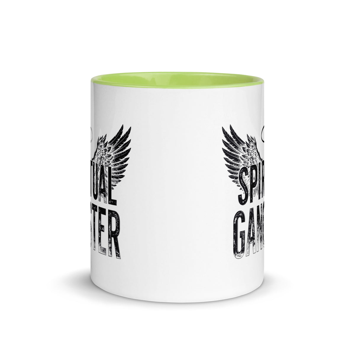 Spiritual Gangster design with angel wings and a halo, on a white ceramic mug with a green interior, 11 oz, front view