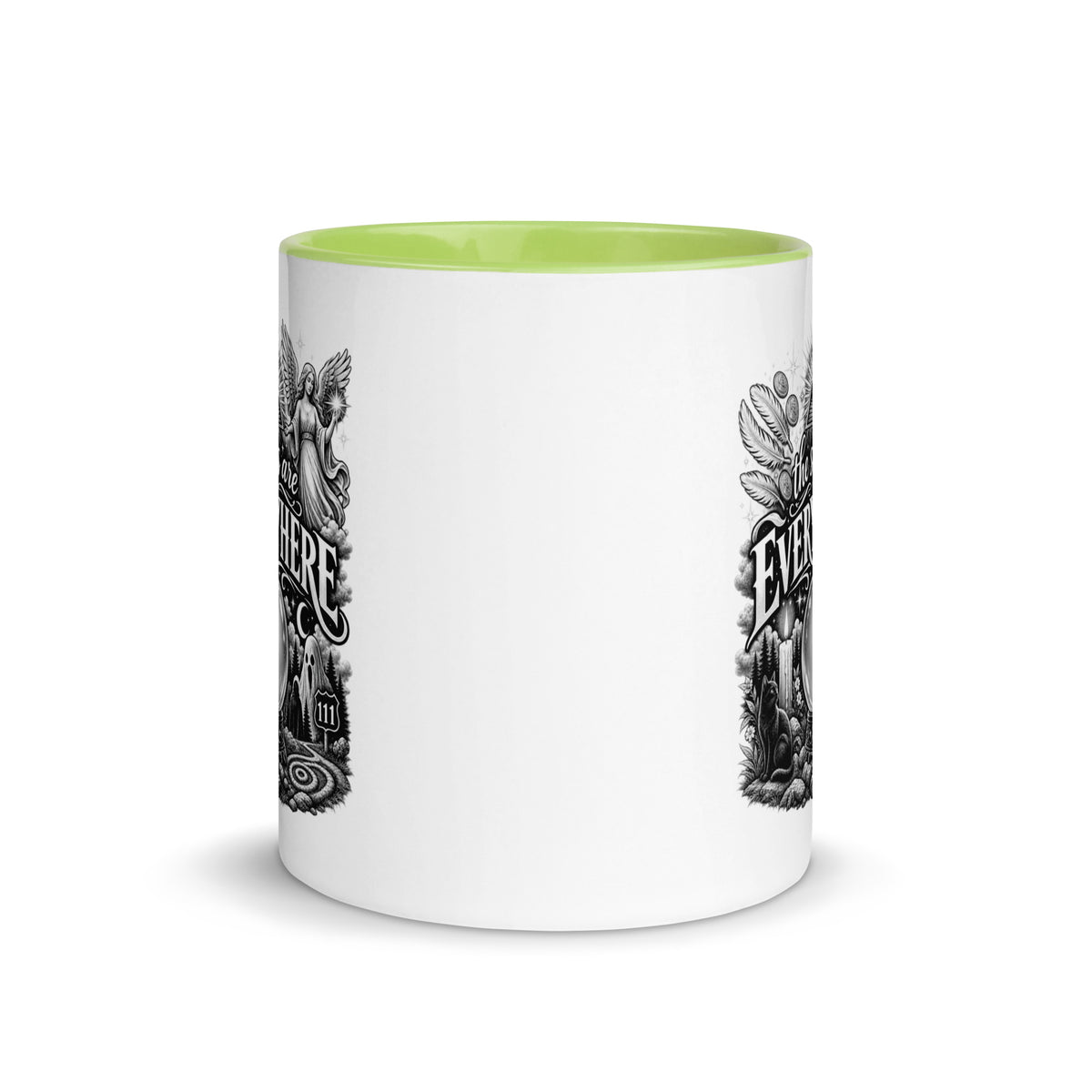 The Signs Are Everywhere design, an all-seeing eye, an angel, a crystal ball, a black cat and a 111 road sign, in black and white line art, on a green ceramic mug with color inside, 11 oz, front view