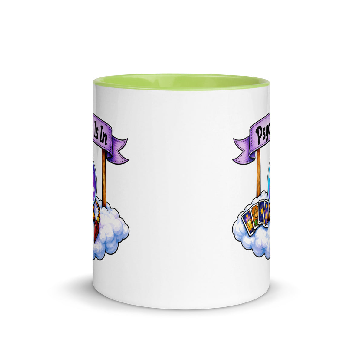 Psychic Is In design, playful floating clouds beneath a banner that reads Psychic Is Open for Business, on a white ceramic mug with a green interior, 11 oz, front view