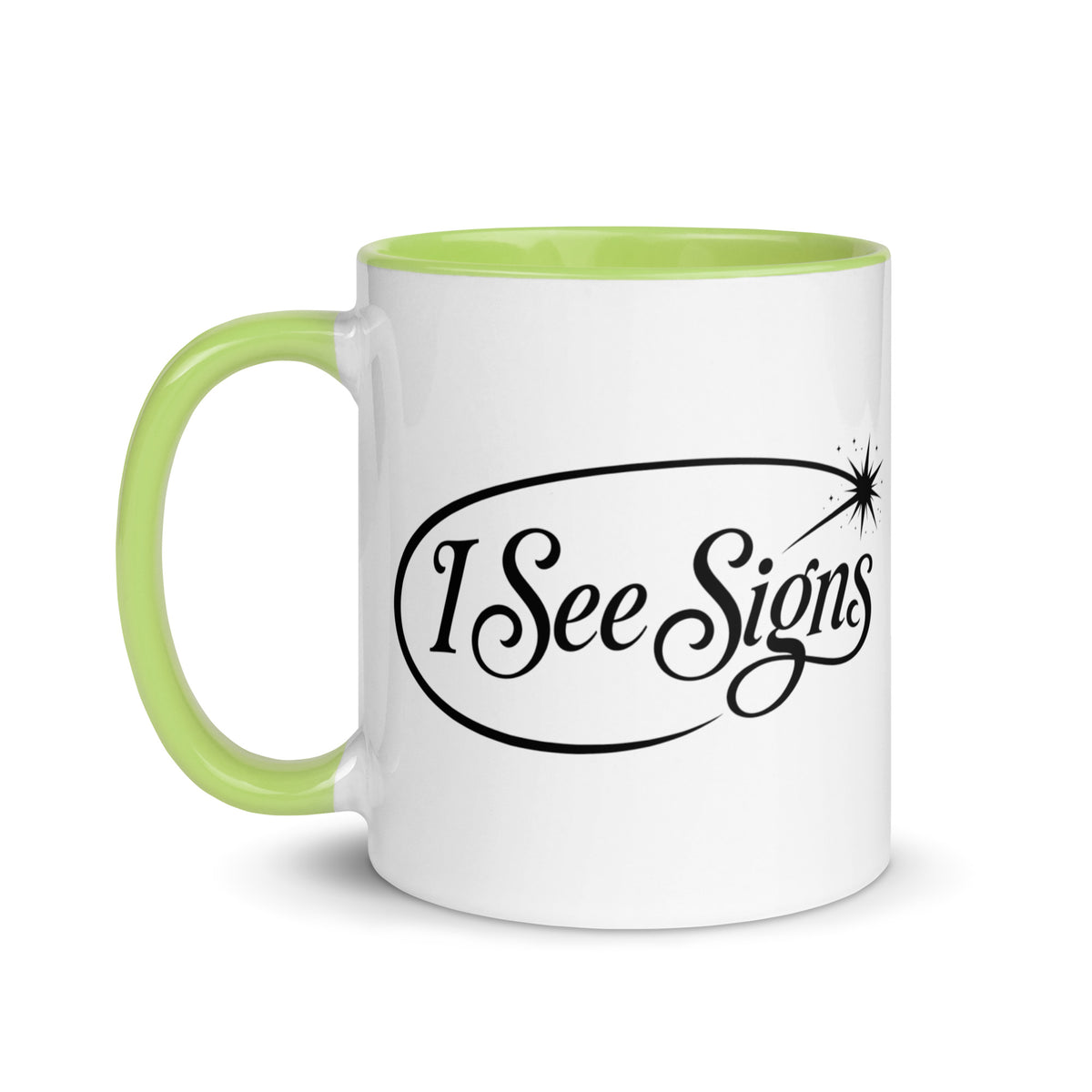 I See Signs design, the words set in black script inside a thin oval with a four-pointed star, on a white ceramic mug with a green interior, 11 oz, left side view