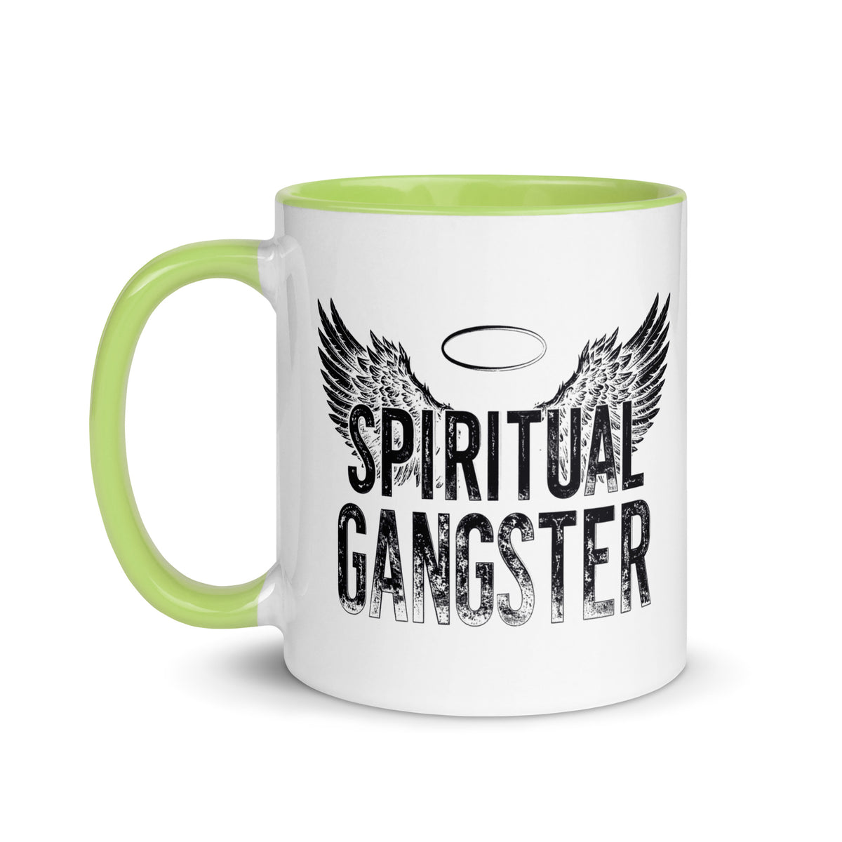 Spiritual Gangster design with angel wings and a halo, on a white ceramic mug with a green interior, 11 oz, left side view