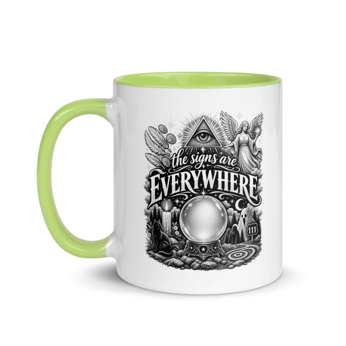 The Signs Are Everywhere design, an all-seeing eye, an angel, a crystal ball, a black cat and a 111 road sign, in black and white line art, on a green ceramic mug with color inside, 11 oz, left side view