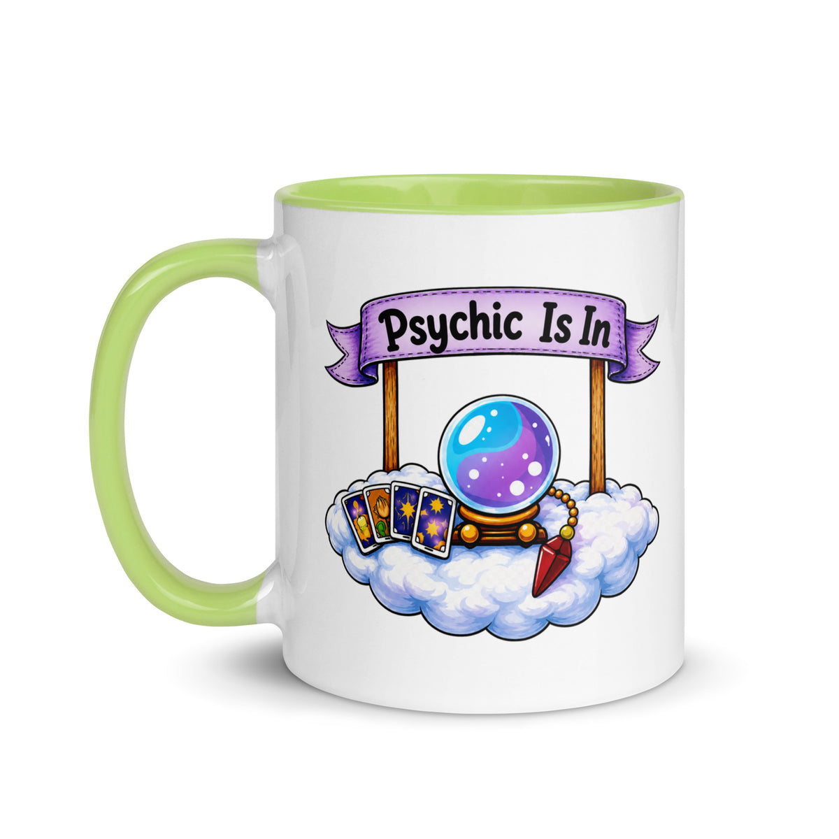 Psychic Is In design, playful floating clouds beneath a banner that reads Psychic Is Open for Business, on a white ceramic mug with a green interior, 11 oz, left side view