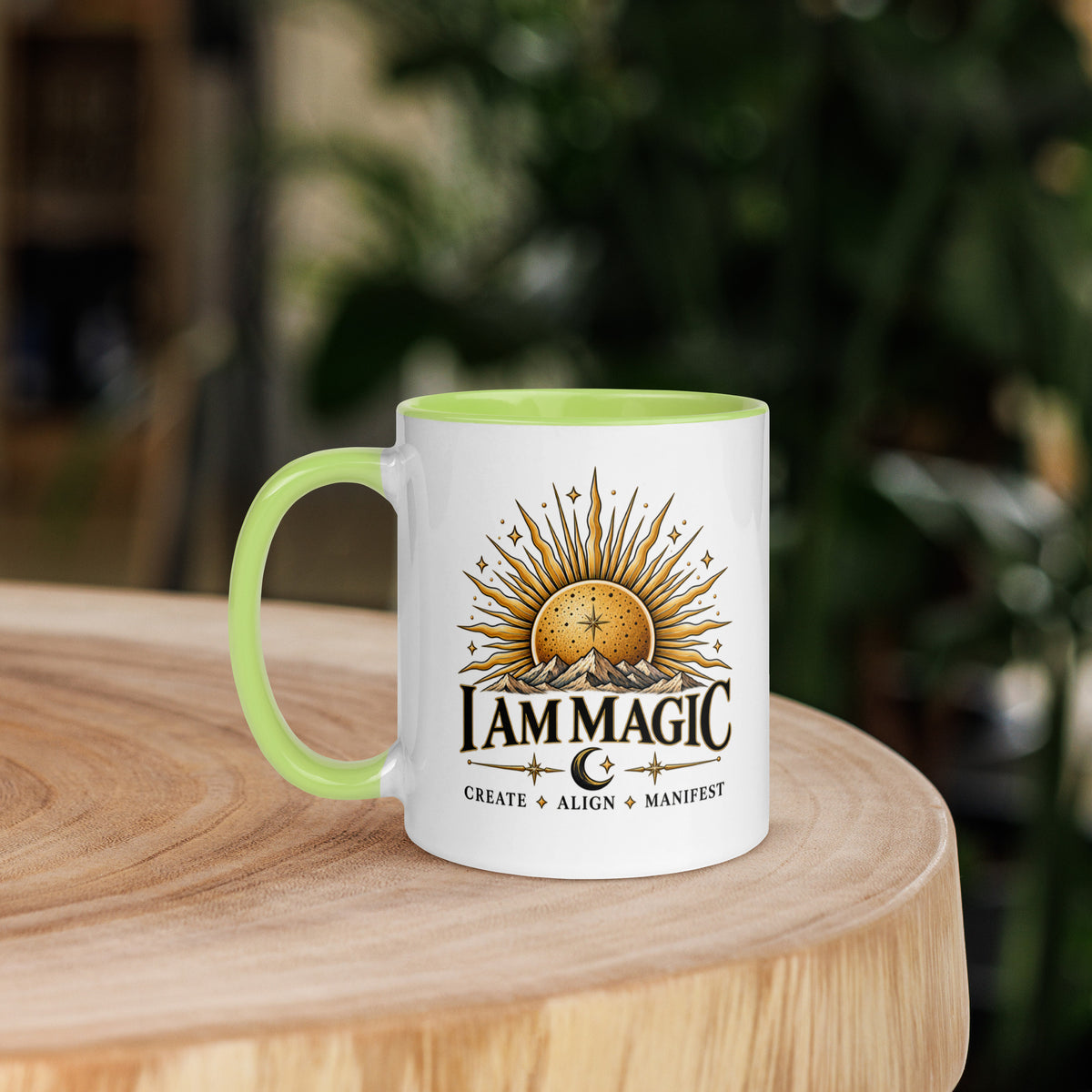 I Am Magic design with a gold sun face, Be Magical collection, on a white ceramic mug with a green interior, 11 oz, left side view
