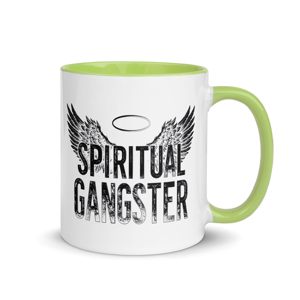Spiritual Gangster design with angel wings and a halo, on a white ceramic mug with a green interior, 11 oz, right side view