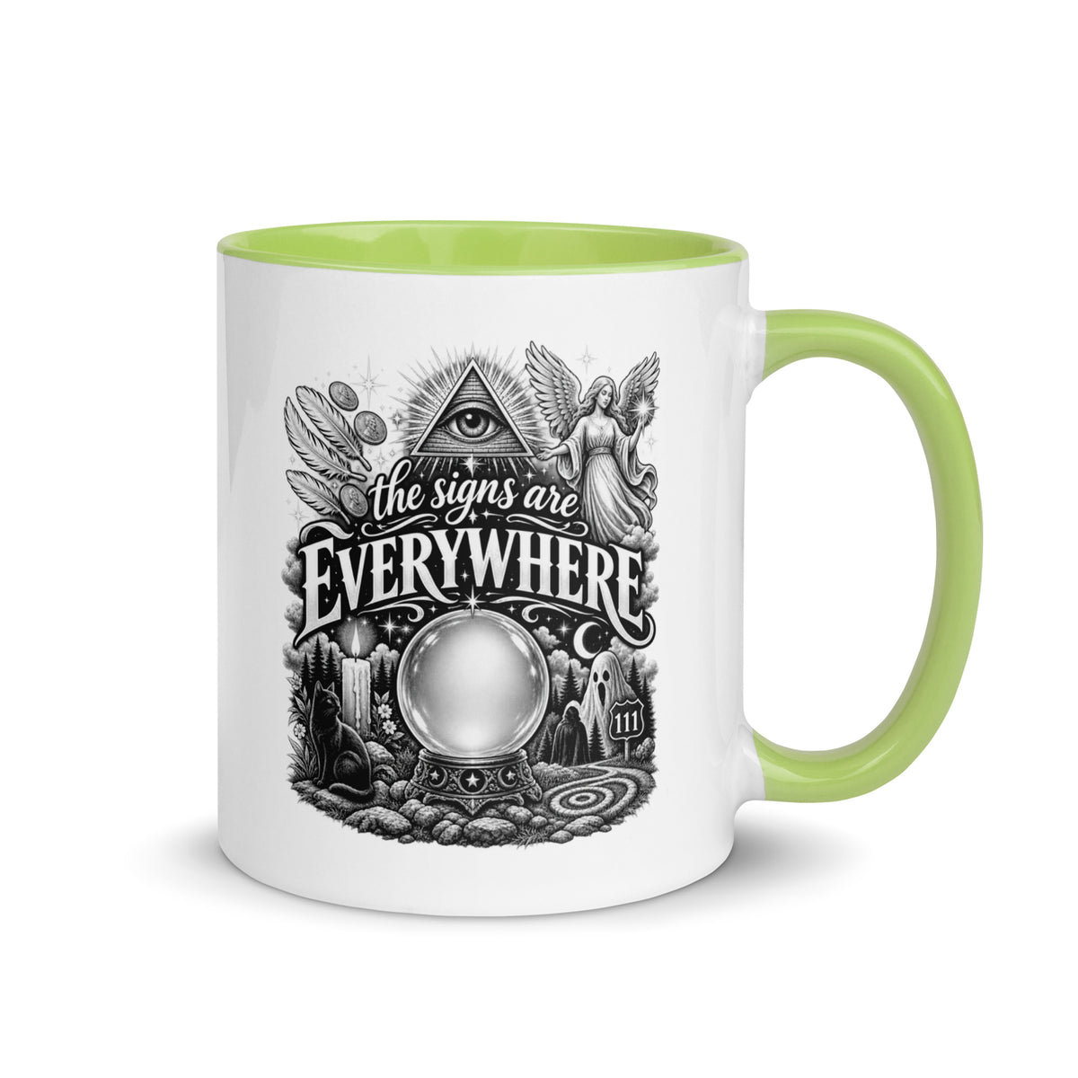 The Signs Are Everywhere design, an all-seeing eye, an angel, a crystal ball, a black cat and a 111 road sign, in black and white line art, on a green ceramic mug with color inside, 11 oz, right side view