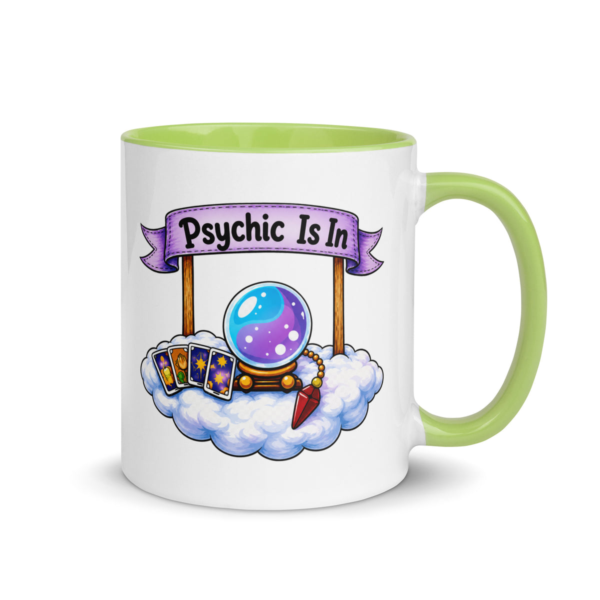 Psychic Is In design, playful floating clouds beneath a banner that reads Psychic Is Open for Business, on a white ceramic mug with a green interior, 11 oz, right side view