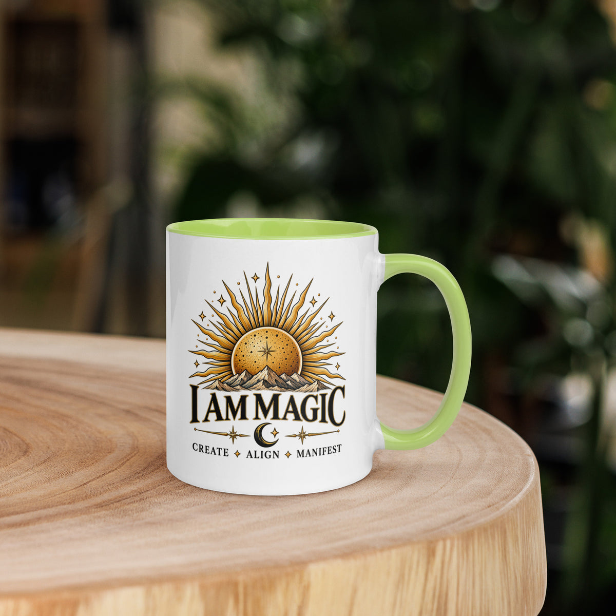 I Am Magic design with a gold sun face, Be Magical collection, on a white ceramic mug with a green interior, 11 oz, right side view
