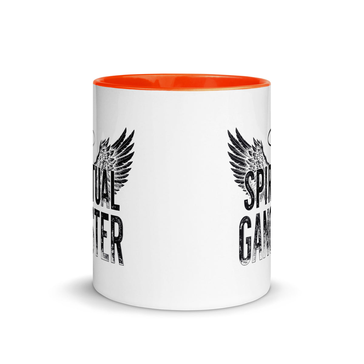 Spiritual Gangster design with angel wings and a halo, on a white ceramic mug with an orange interior, 11 oz, front view