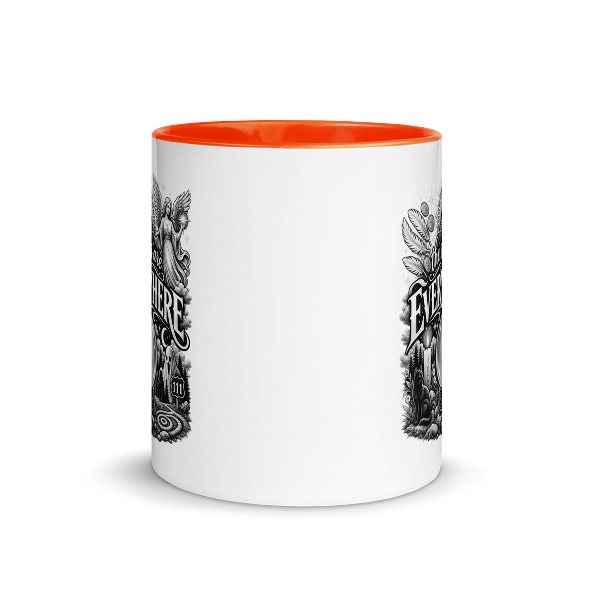 The Signs Are Everywhere design, an all-seeing eye, an angel, a crystal ball, a black cat and a 111 road sign, in black and white line art, on an orange ceramic mug with color inside, 11 oz, front view