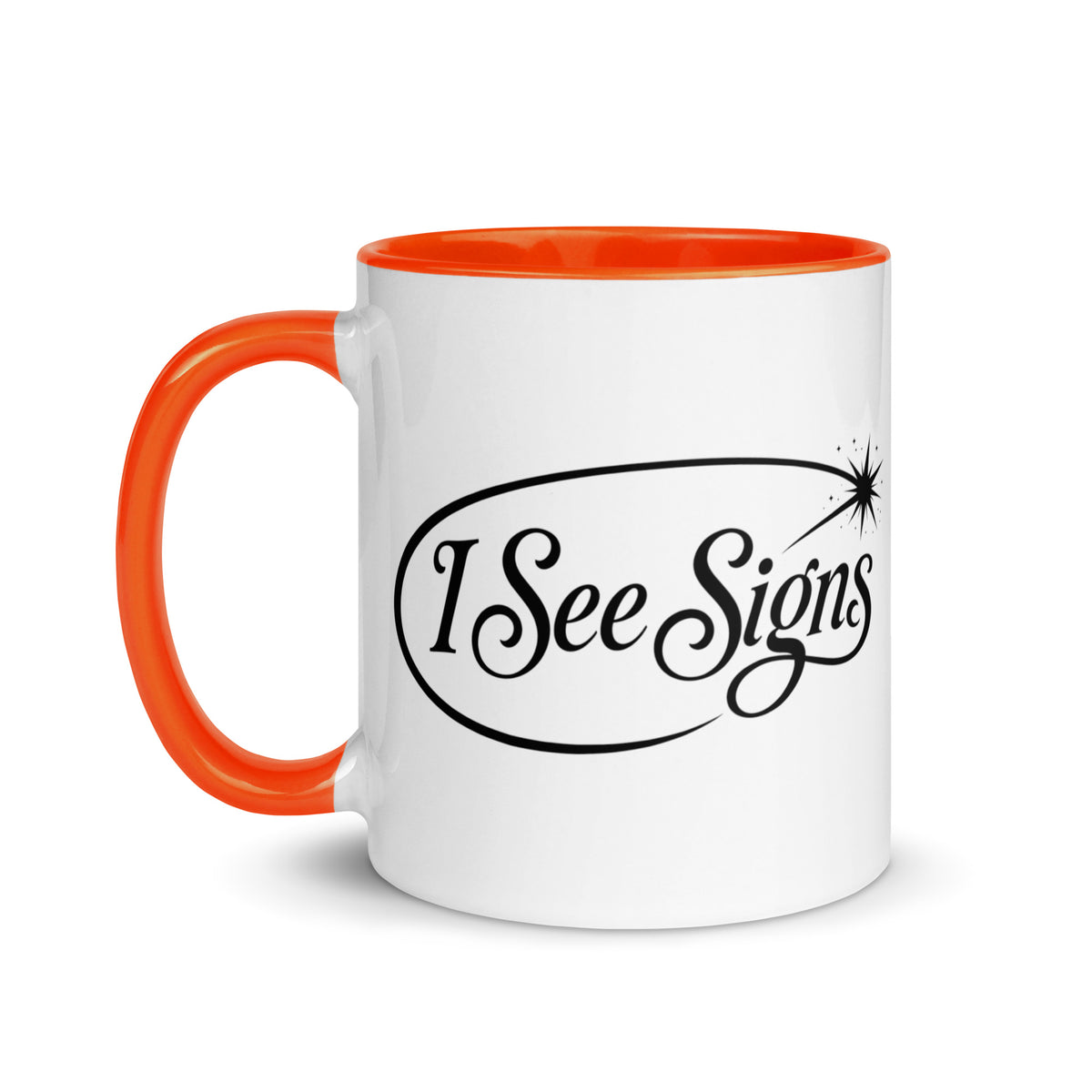 I See Signs design, the words set in black script inside a thin oval with a four-pointed star, on a white ceramic mug with an orange interior, 11 oz, left side view