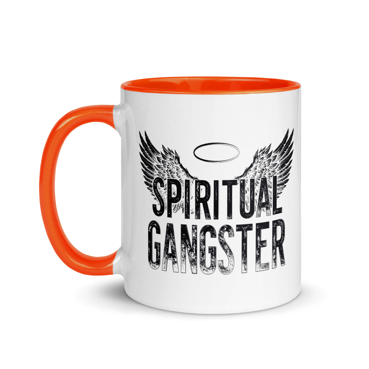 Spiritual Gangster design with angel wings and a halo, on a white ceramic mug with an orange interior, 11 oz, left side view