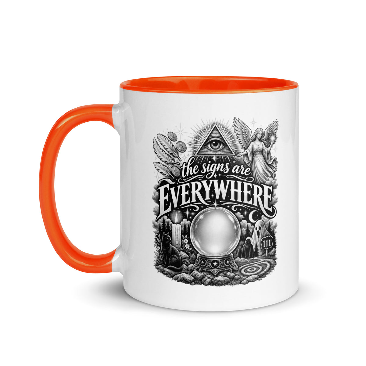 The Signs Are Everywhere design, an all-seeing eye, an angel, a crystal ball, a black cat and a 111 road sign, in black and white line art, on an orange ceramic mug with color inside, 11 oz, left side view