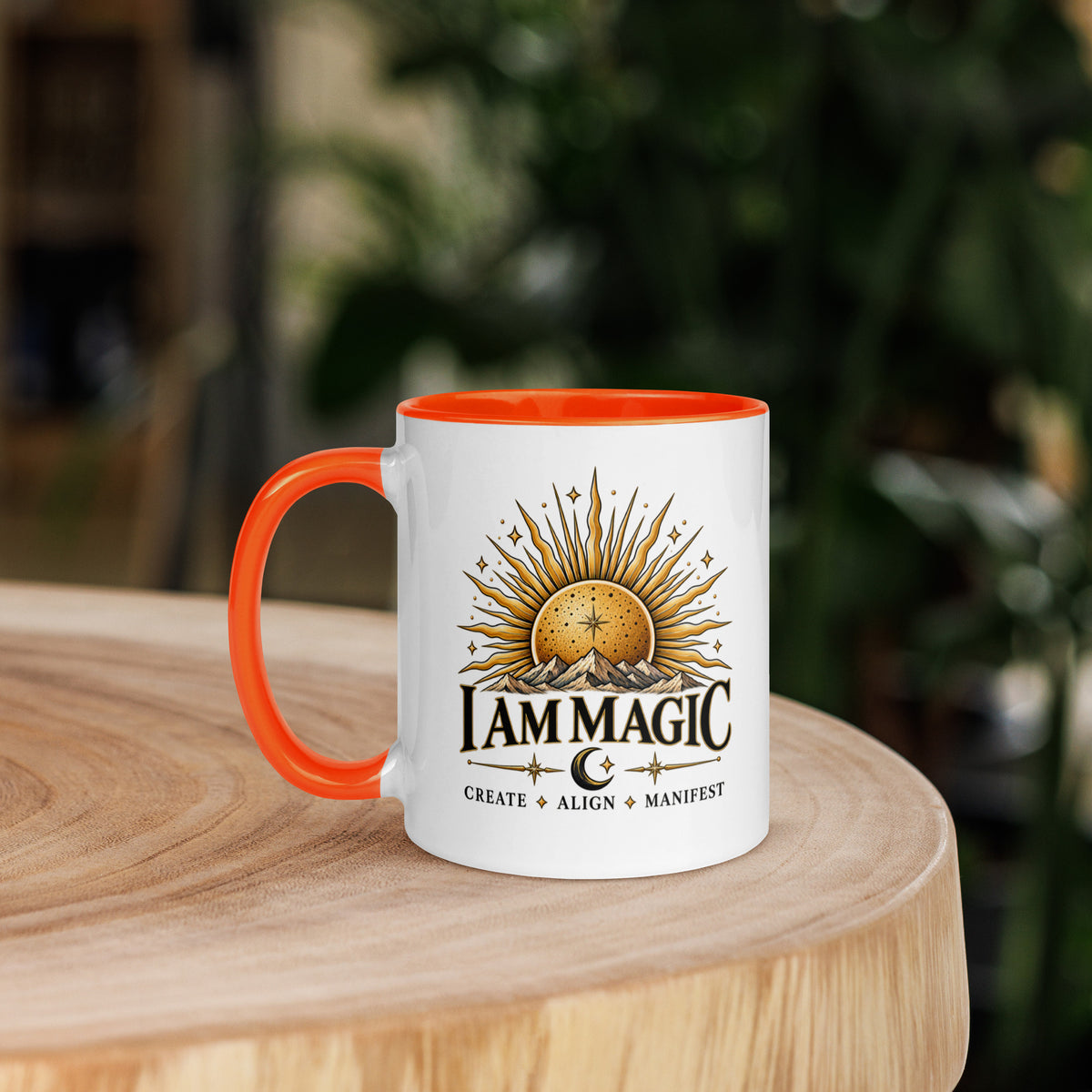 I Am Magic design with a gold sun face, Be Magical collection, on a white ceramic mug with an orange interior, 11 oz, left side view