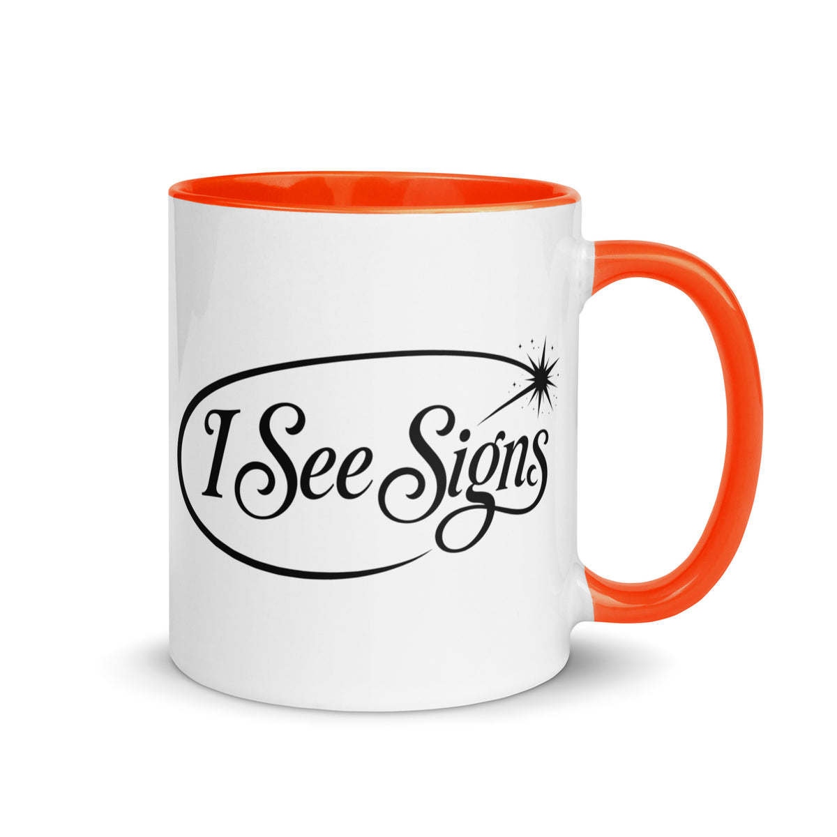 I See Signs design, the words set in black script inside a thin oval with a four-pointed star, on a white ceramic mug with an orange interior, 11 oz, right side view