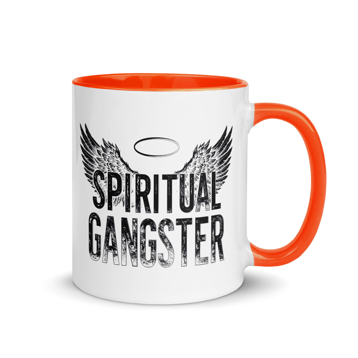 Spiritual Gangster design with angel wings and a halo, on a white ceramic mug with an orange interior, 11 oz, right side view
