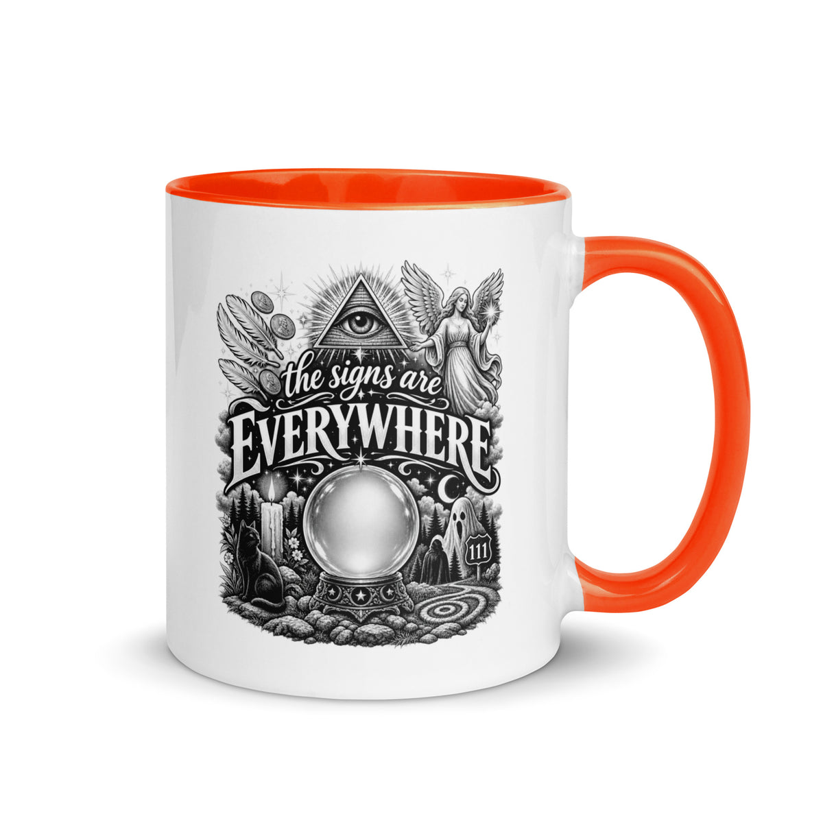 The Signs Are Everywhere design, an all-seeing eye, an angel, a crystal ball, a black cat and a 111 road sign, in black and white line art, on an orange ceramic mug with color inside, 11 oz, right side view