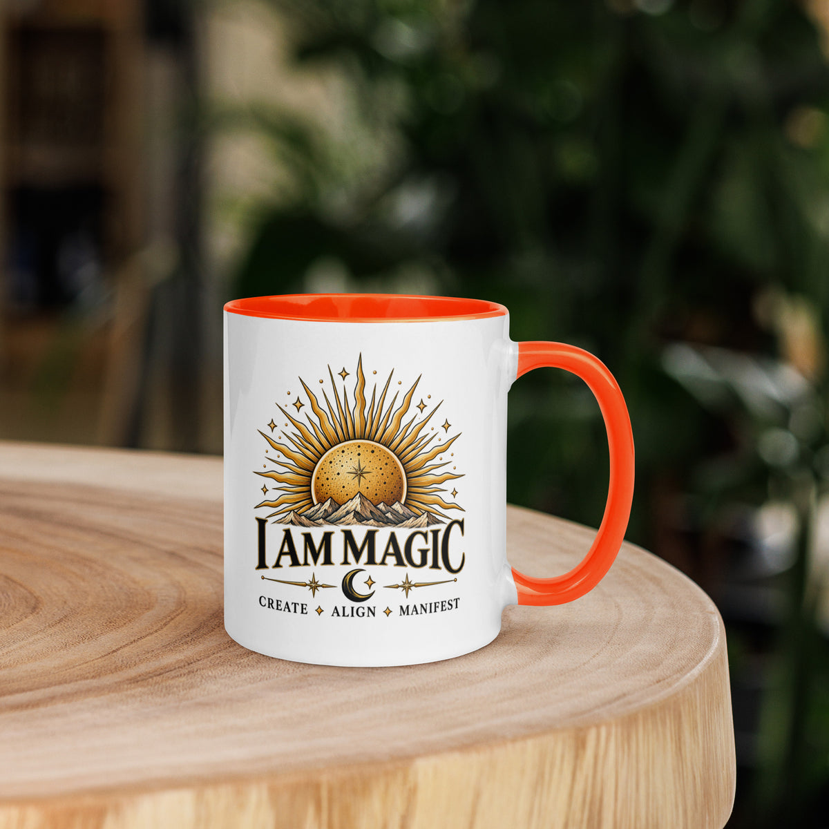 I Am Magic design with a gold sun face, Be Magical collection, on a white ceramic mug with an orange interior, 11 oz, right side view