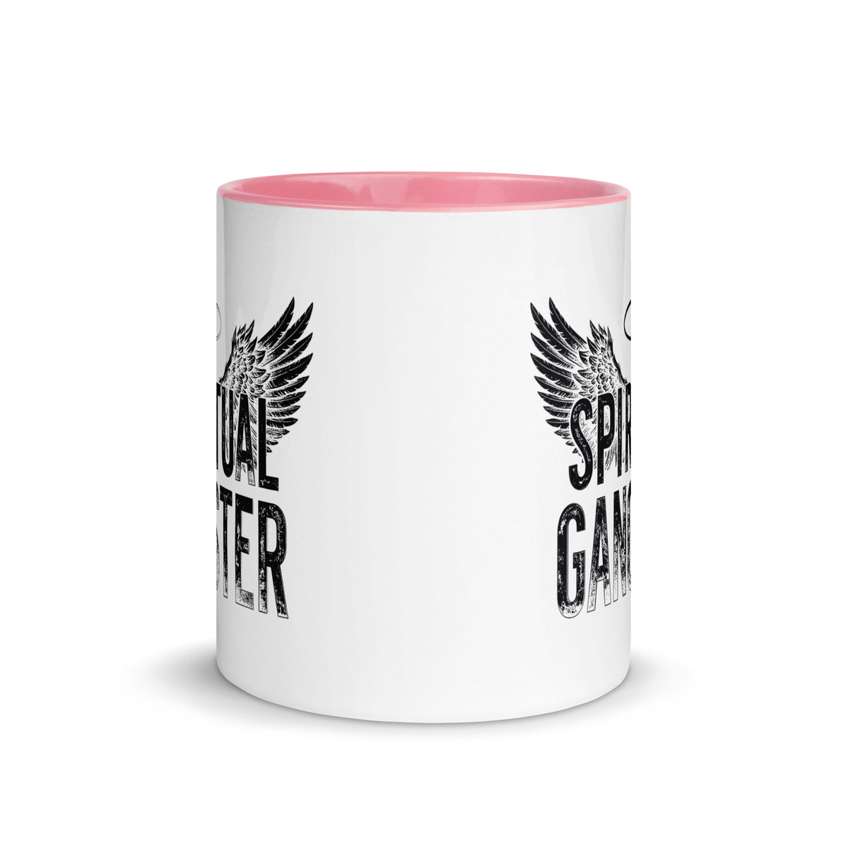 Spiritual Gangster design with angel wings and a halo, on a white ceramic mug with a pink interior, 11 oz, front view