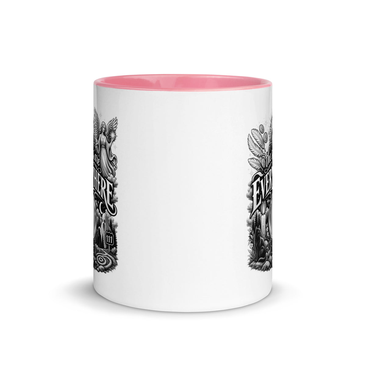 The Signs Are Everywhere design, an all-seeing eye, an angel, a crystal ball, a black cat and a 111 road sign, in black and white line art, on a pink ceramic mug with color inside, 11 oz, front view