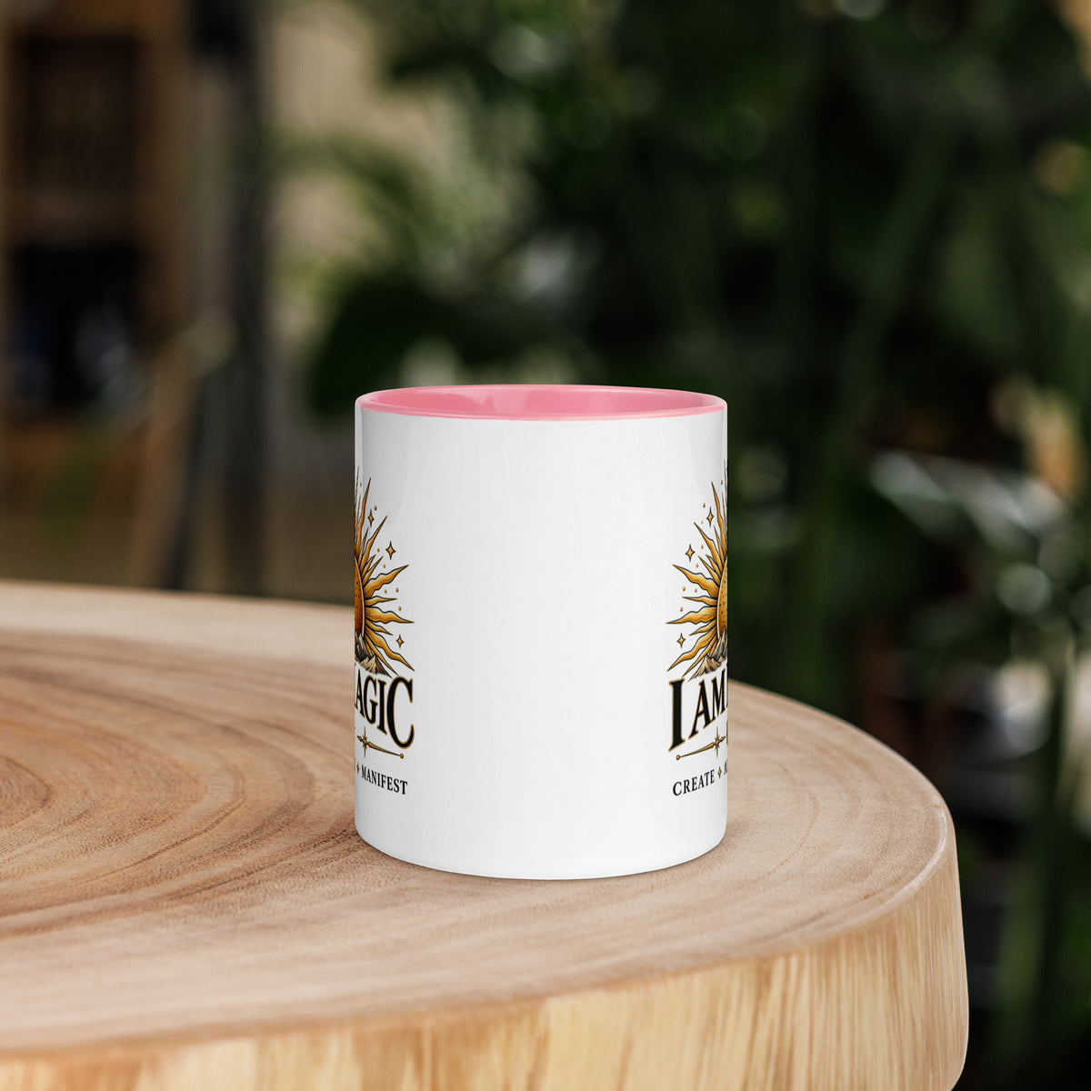 I Am Magic design with a gold sun face, Be Magical collection, on a white ceramic mug with a pink interior, 11 oz, front view