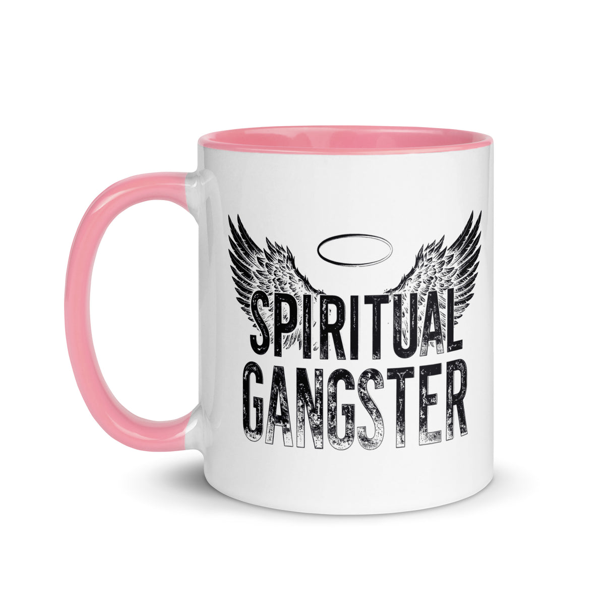 Spiritual Gangster design with angel wings and a halo, on a white ceramic mug with a pink interior, 11 oz, left side view