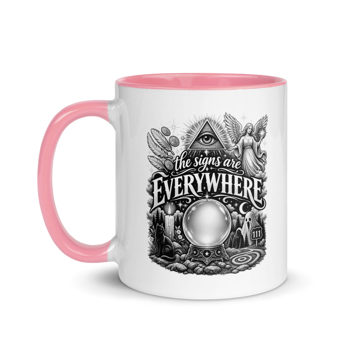 The Signs Are Everywhere design, an all-seeing eye, an angel, a crystal ball, a black cat and a 111 road sign, in black and white line art, on a pink ceramic mug with color inside, 11 oz, left side view