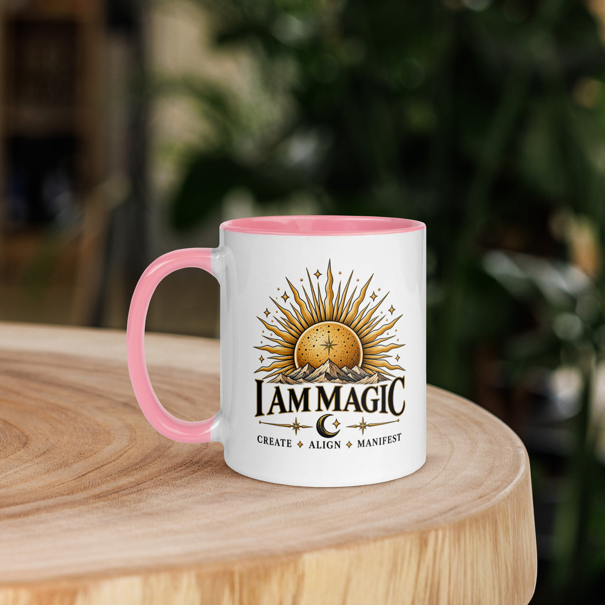 I Am Magic design with a gold sun face, Be Magical collection, on a white ceramic mug with a pink interior, 11 oz, left side view