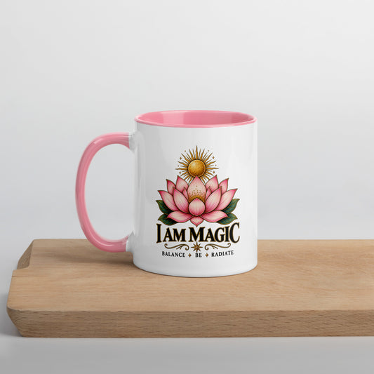 I Am Magic design with a gold lotus, Be Magical collection, on a white ceramic mug with a pink interior, 11 oz, left side view