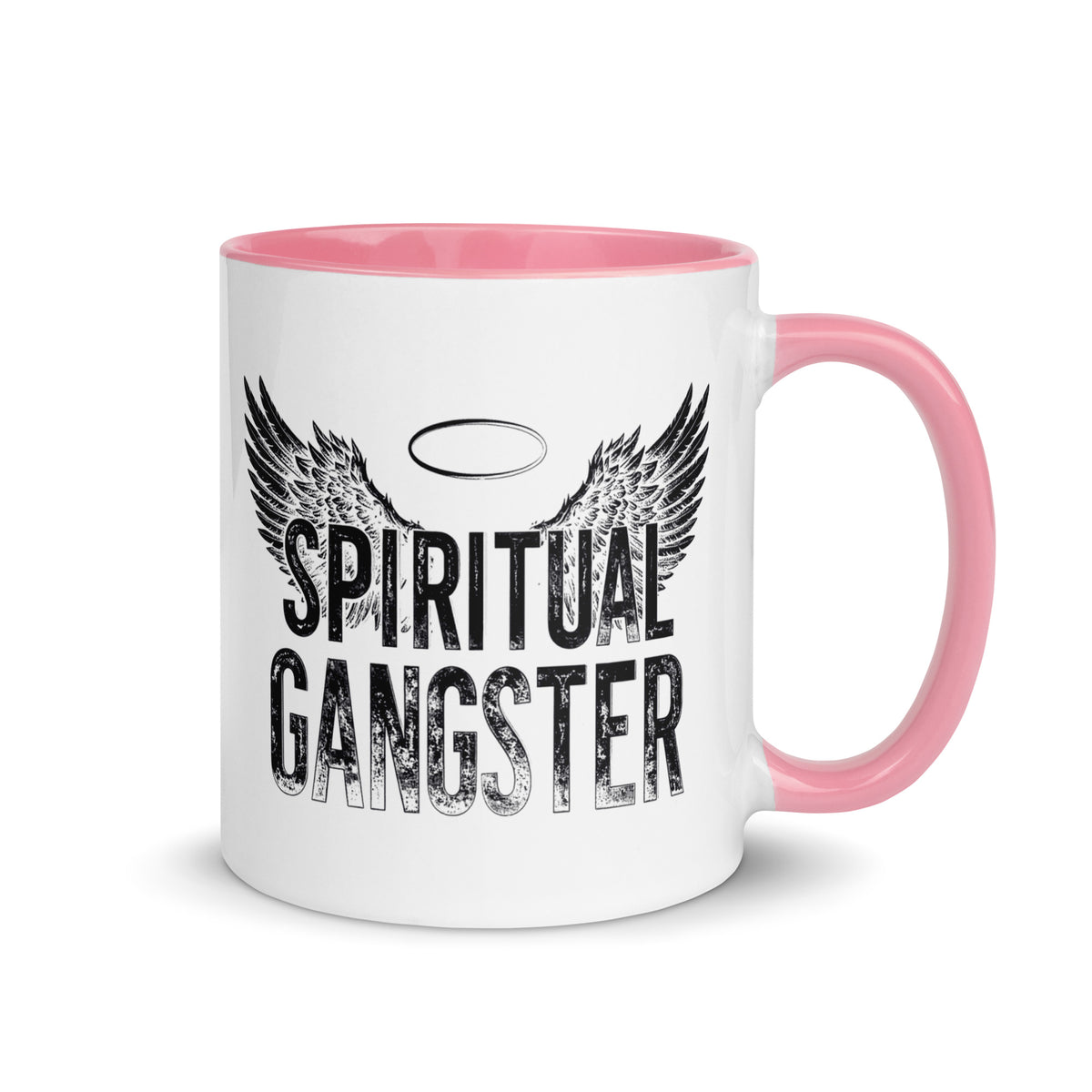 Spiritual Gangster design with angel wings and a halo, on a white ceramic mug with a pink interior, 11 oz, right side view