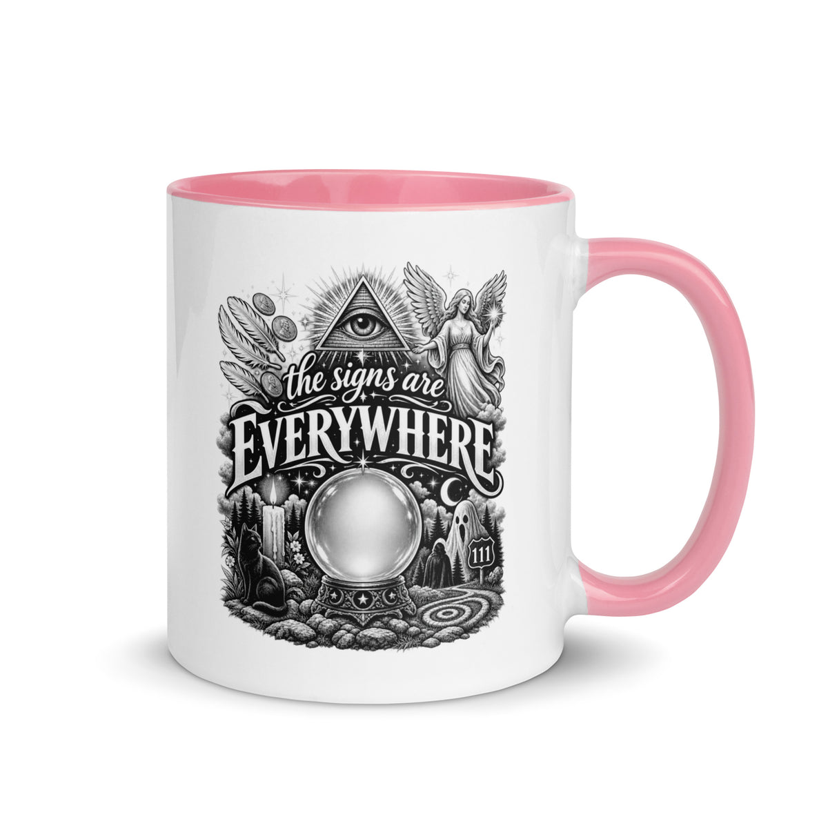 The Signs Are Everywhere design, an all-seeing eye, an angel, a crystal ball, a black cat and a 111 road sign, in black and white line art, on a pink ceramic mug with color inside, 11 oz, right side view