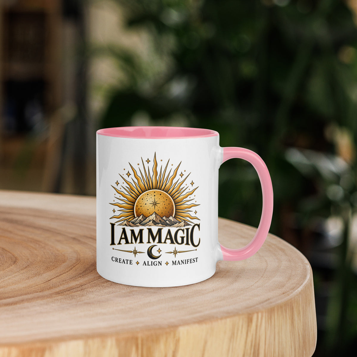 I Am Magic design with a gold sun face, Be Magical collection, on a white ceramic mug with a pink interior, 11 oz, right side view