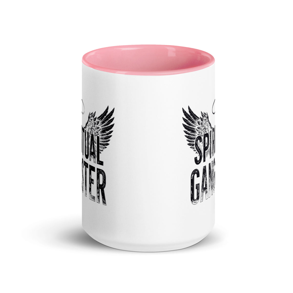 Spiritual Gangster design with angel wings and a halo, on a white ceramic mug with a pink interior, 15 oz, front view