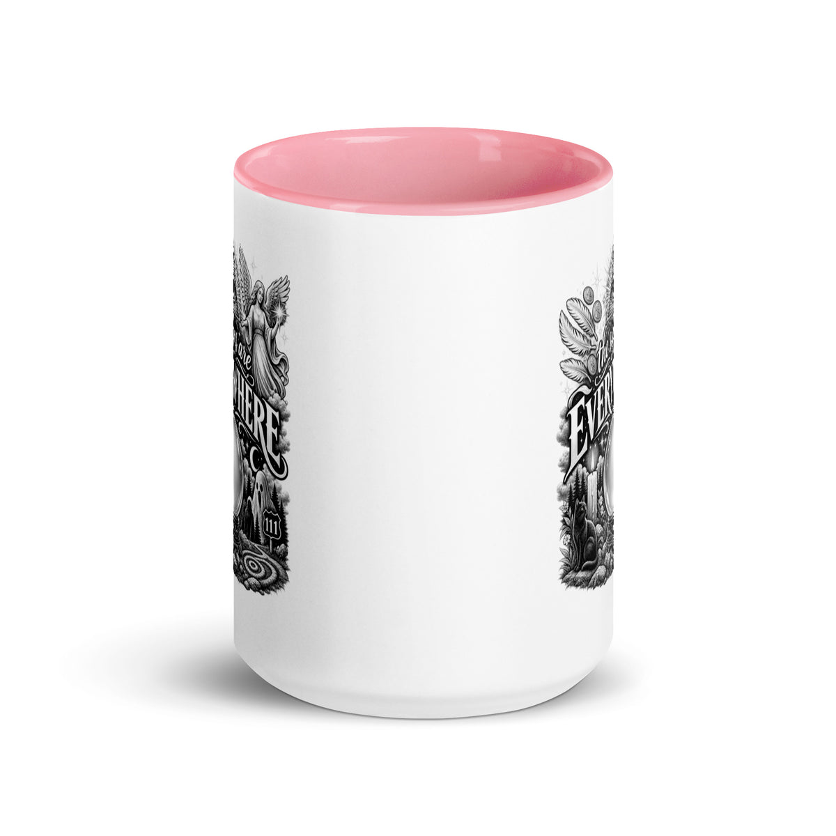 The Signs Are Everywhere design, an all-seeing eye, an angel, a crystal ball, a black cat and a 111 road sign, in black and white line art, on a pink ceramic mug with color inside, 15 oz, front view