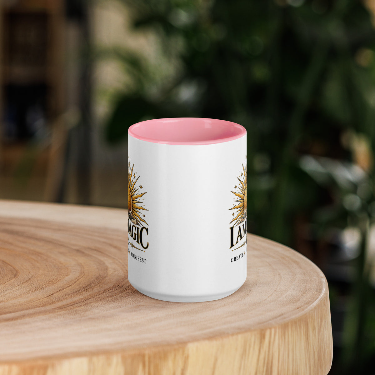 I Am Magic design with a gold sun face, Be Magical collection, on a white ceramic mug with a pink interior, 15 oz, front view