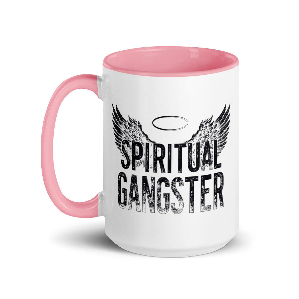 Spiritual Gangster design with angel wings and a halo, on a white ceramic mug with a pink interior, 15 oz, left side view