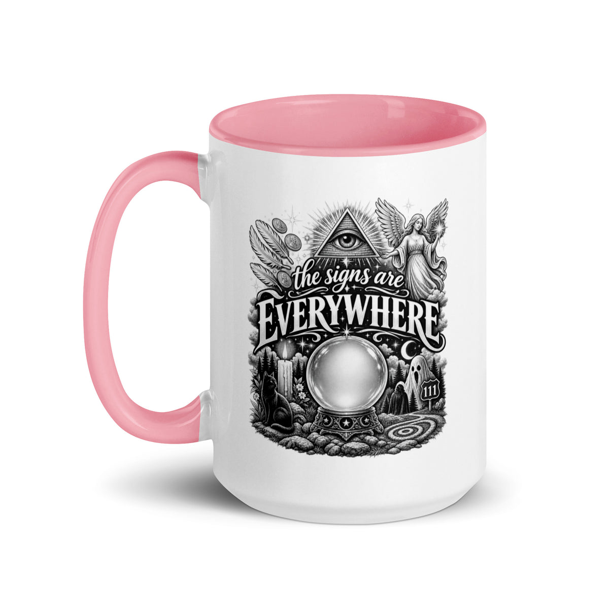 The Signs Are Everywhere design, an all-seeing eye, an angel, a crystal ball, a black cat and a 111 road sign, in black and white line art, on a pink ceramic mug with color inside, 15 oz, left side view