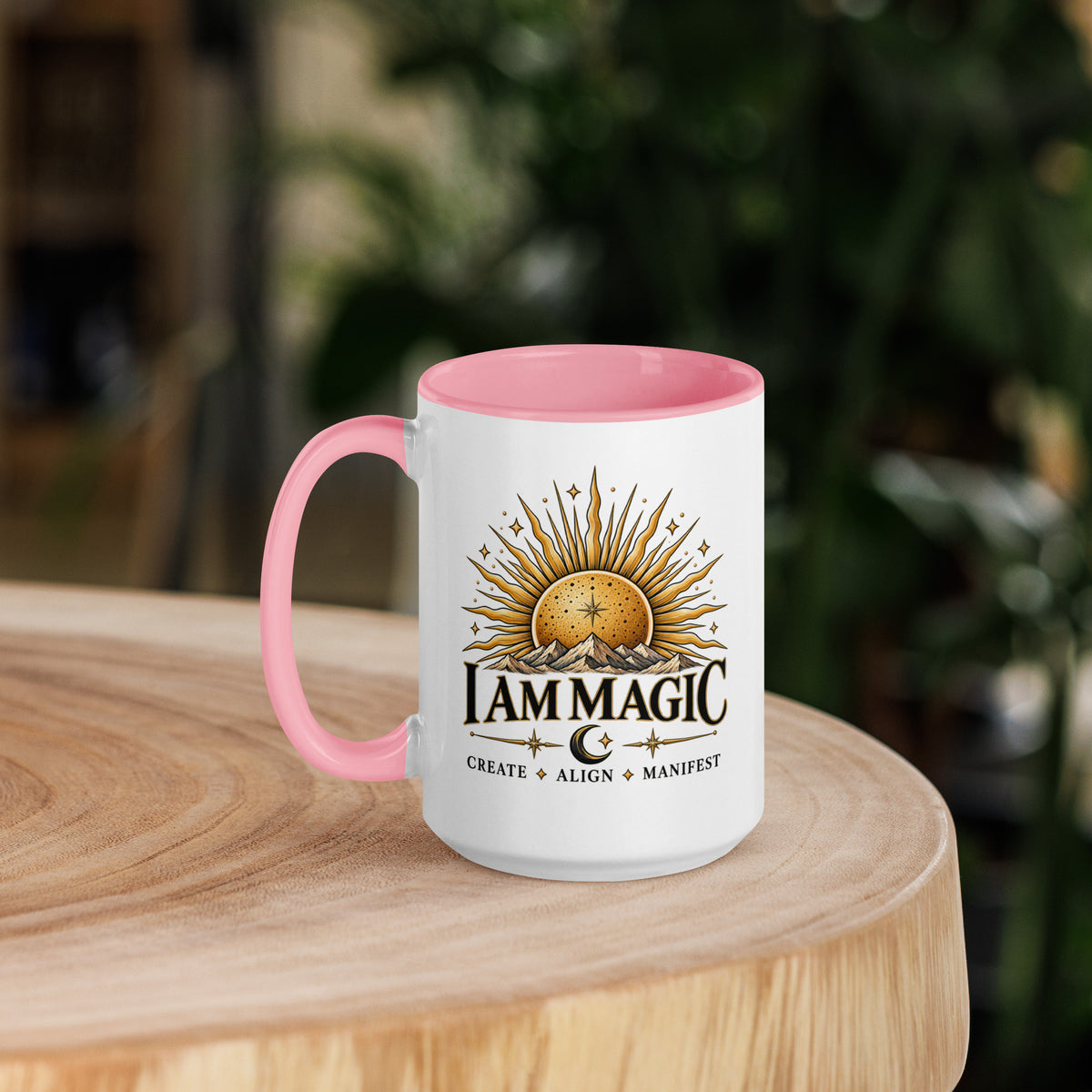 I Am Magic design with a gold sun face, Be Magical collection, on a white ceramic mug with a pink interior, 15 oz, left side view