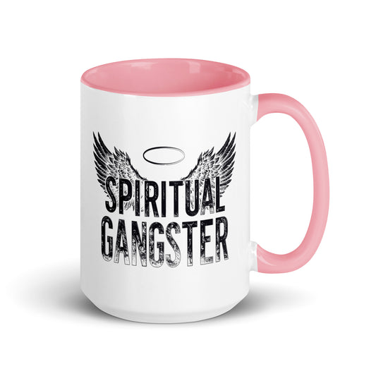 Spiritual Gangster design with angel wings and a halo, on a white ceramic mug with a pink interior, 15 oz, right side view