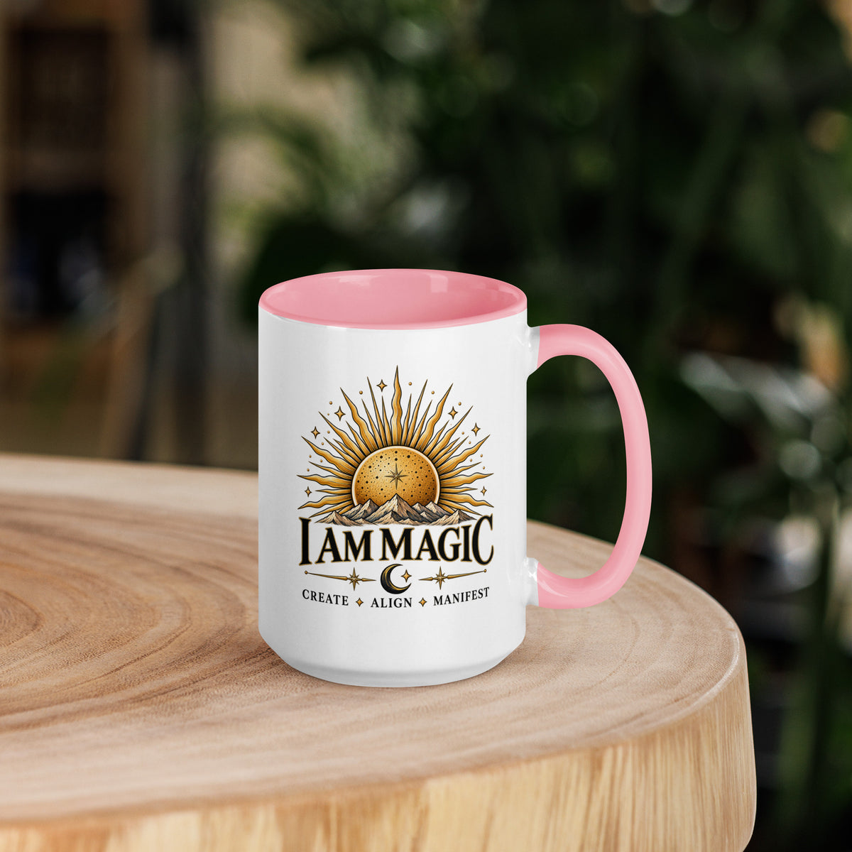 I Am Magic design with a gold sun face, Be Magical collection, on a white ceramic mug with a pink interior, 15 oz, right side view