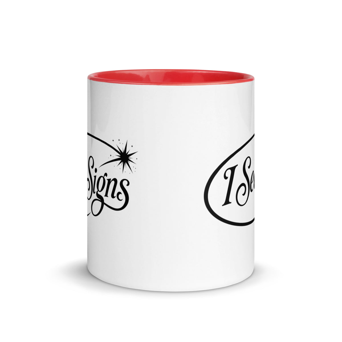 I See Signs design, the words set in black script inside a thin oval with a four-pointed star, on a red ceramic mug with color inside, 11 oz, front view