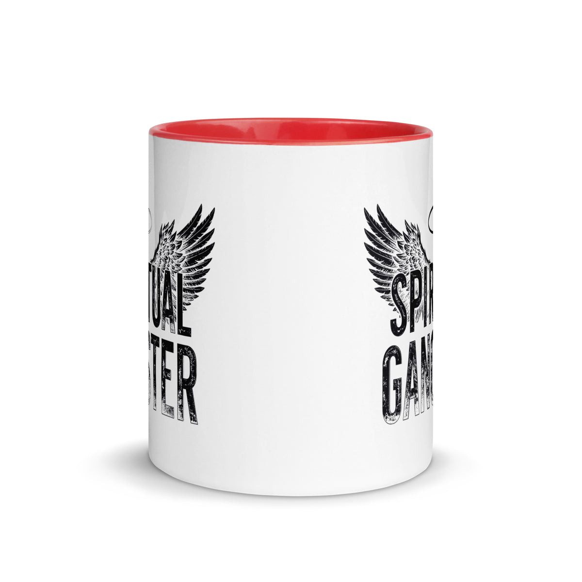 Spiritual Gangster design with angel wings and a halo, on a white ceramic mug with a red interior, 11 oz, front view
