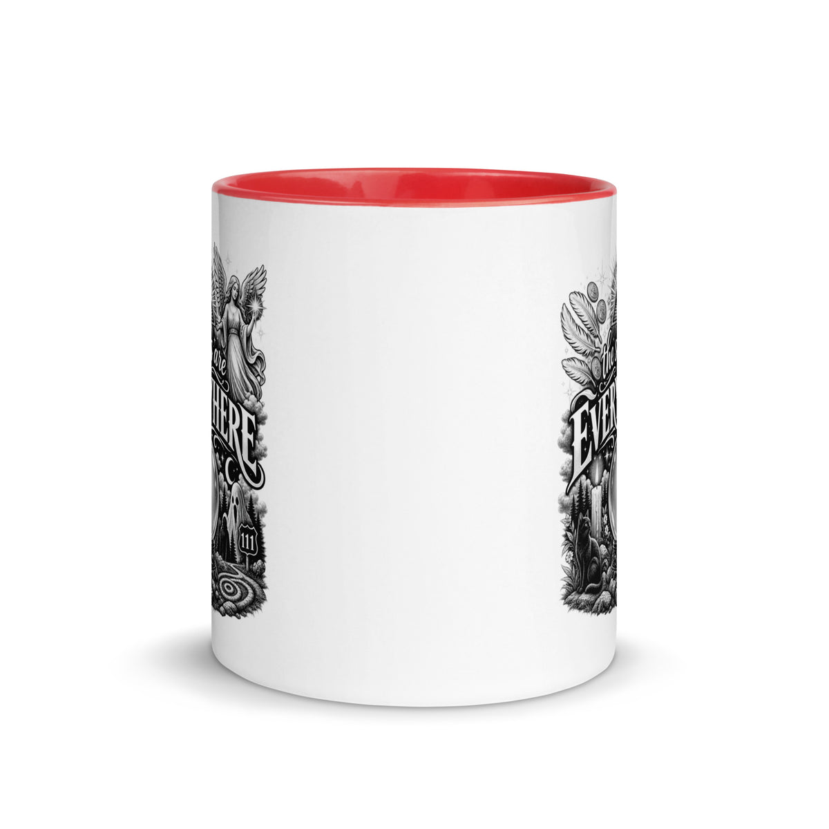 The Signs Are Everywhere design, an all-seeing eye, an angel, a crystal ball, a black cat and a 111 road sign, in black and white line art, on a red ceramic mug with color inside, 11 oz, front view