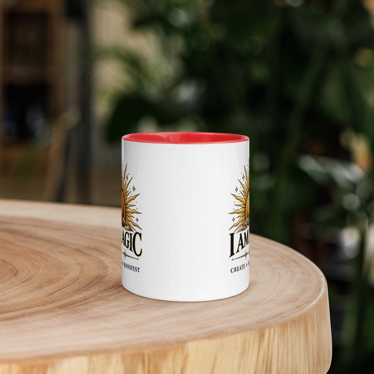 I Am Magic design with a gold sun face, Be Magical collection, on a white ceramic mug with a red interior, 11 oz, front view