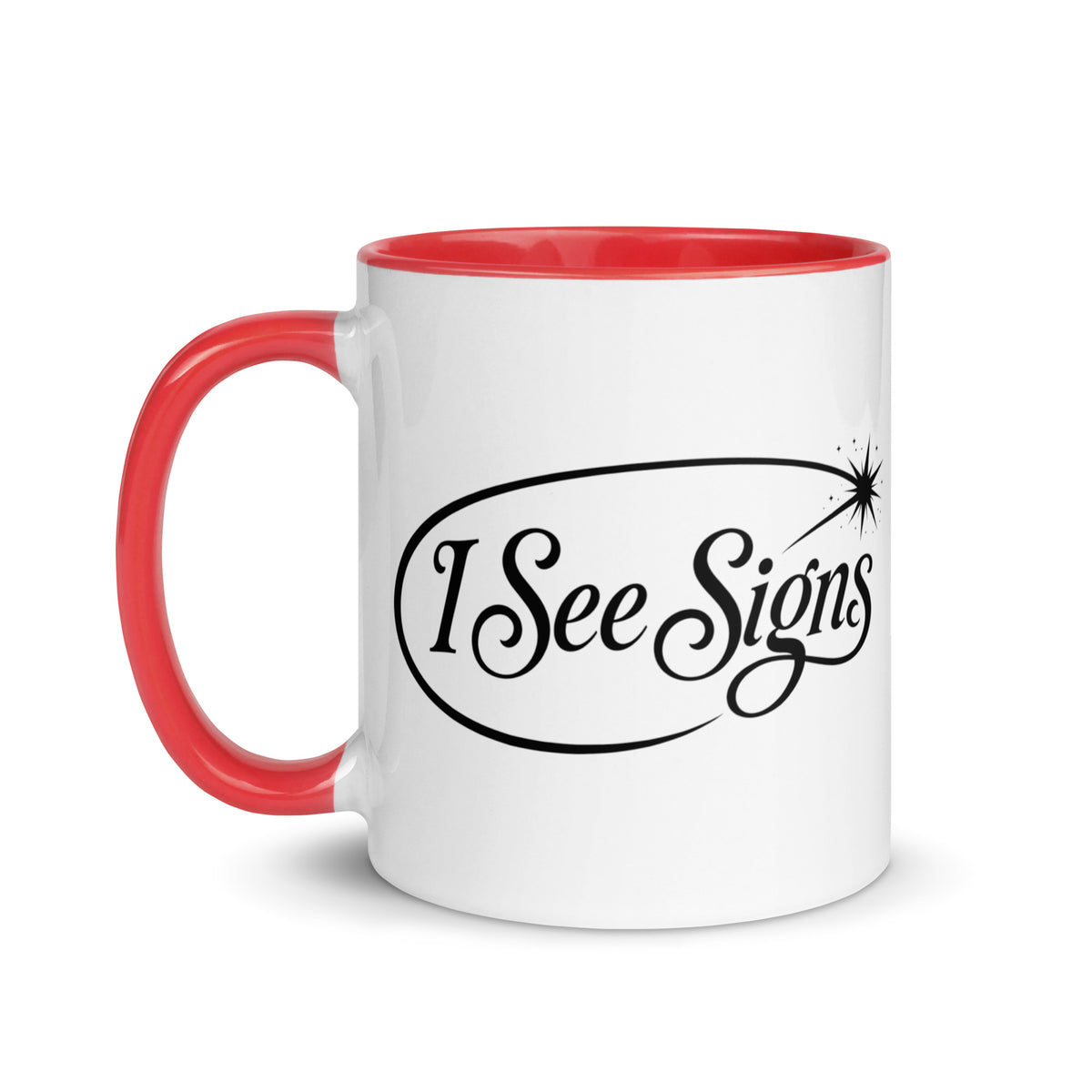 I See Signs design, the words set in black script inside a thin oval with a four-pointed star, on a red ceramic mug with color inside, 11 oz, left side view