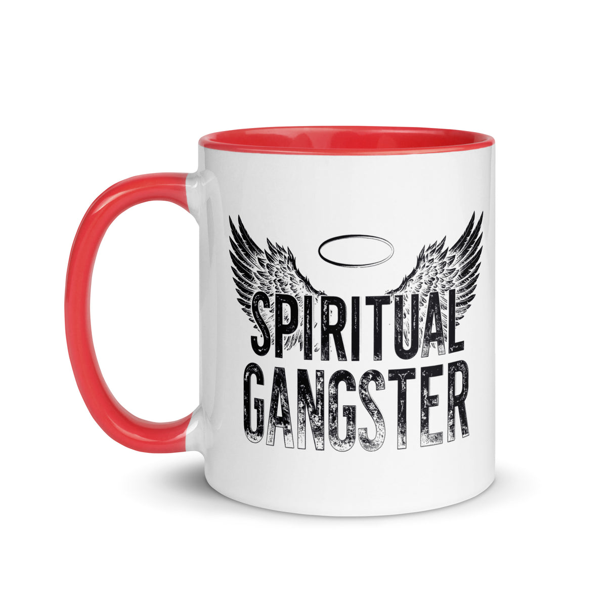 Spiritual Gangster design with angel wings and a halo, on a white ceramic mug with a red interior, 11 oz, left side view